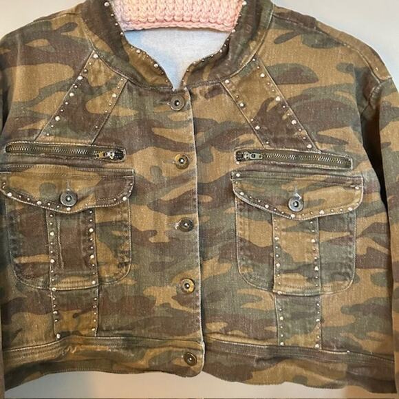 Vintage Y2K Vega Jeans Studded Camouflage Bolero Cropped Jean Jacket, Large - Picture 2 of 4
